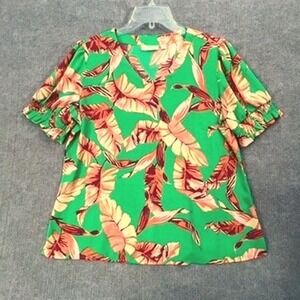 Belle by Kim Gravel Green Tropical Leaf Print V-Neck Short Sleeve‎ Top M